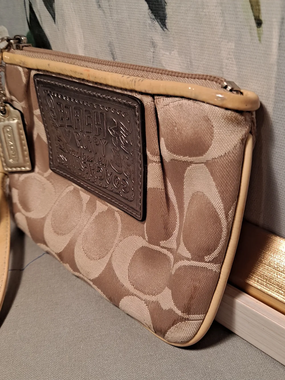 Coach Poppy Signature Khaki Gold Y2k Monogram Jacquard Zip Top Wristlet Pouch